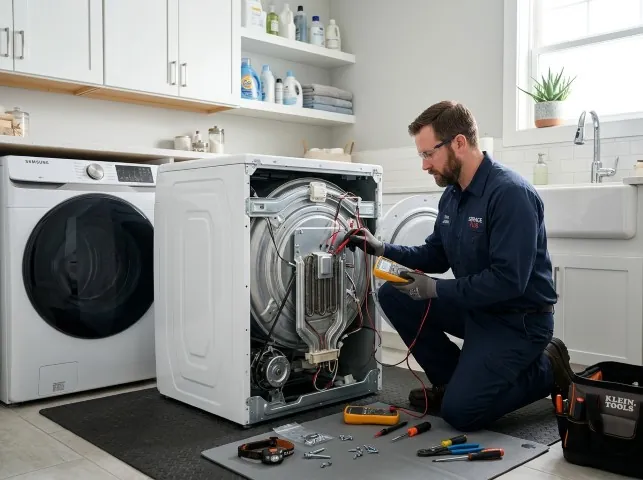Appliance Repair Hero technician checking a dryer heating element with the rear panel off in Amawalk, NY