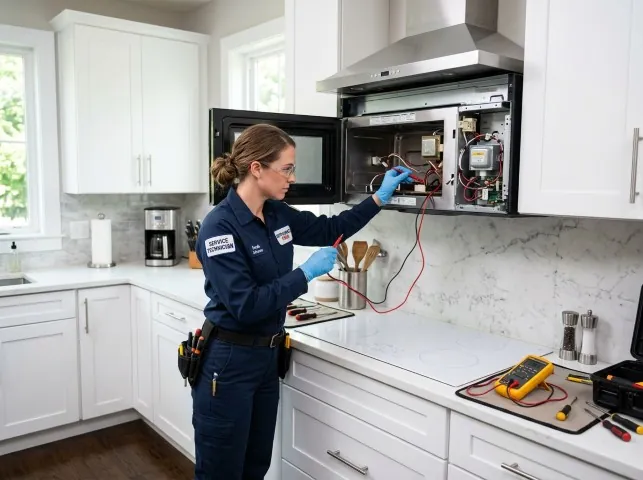 Appliance Repair Hero technician testing an over-the-range microwave in a Amawalk, NY kitchen