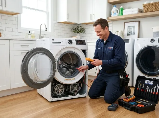 Appliance Repair Hero technician testing a front-load washer with a multimeter on a Amawalk, NY service call